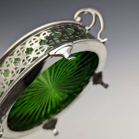 British Antique Butter Dish Silver Plate & Green Glass Inner